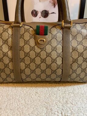Gucci Beige Brown GG Canvas Boston Bag with Green-Red Web Accent
